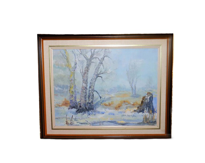 Original signed oil on board winter landscape painting by Allan Harrington. Framed.