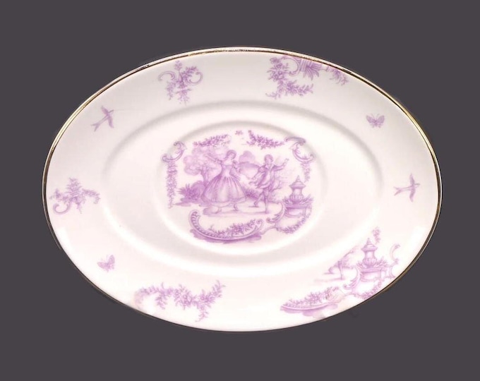Royal Staffordshire oval plate. Purple | lavender | plum transferware Fragonard romance scene of courting couple dancing. Made in England.