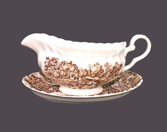 Johnson Brothers Cotswold Brown transferware gravy boat with under-plate made in England.