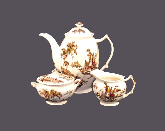 Johnson Brothers The Old Mill Brown Multicolor hand-decorated six-cup teapot, creamer and covered sugar bowl made in England.