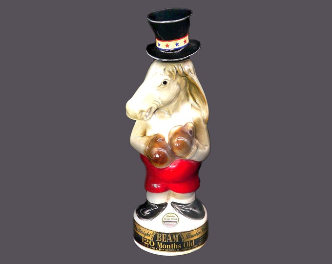 Jim Beam Bourbon Democratic Boxing Donkey decanter with top-hat cap. Made in USA by Regal China. Flaws (see below).