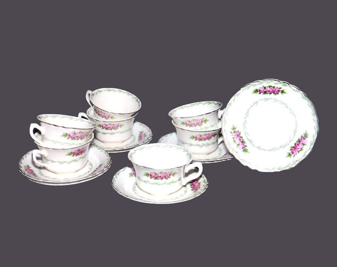 Arthur J. Wilkinson Royal Staffordshire 1298 cup and saucer sets made in England. Pink rose trio, green laurels. Bonus orphan saucer.