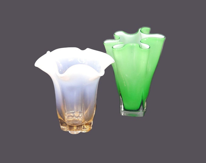 Pair of ruffled hand-blown art glass handkerchief vases. One pink, one green.