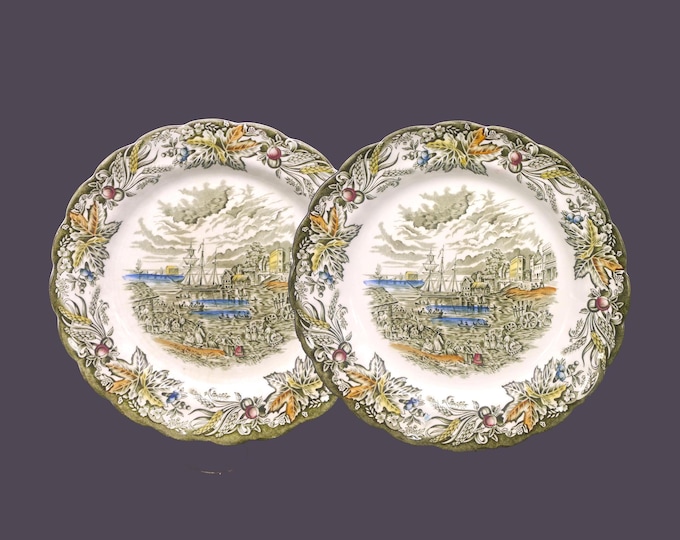 Pair of Ridgway Heritage Multicolor Green Canadian Scenes dinner plates made in England. Toronto Fish Market. Flaws (see below).