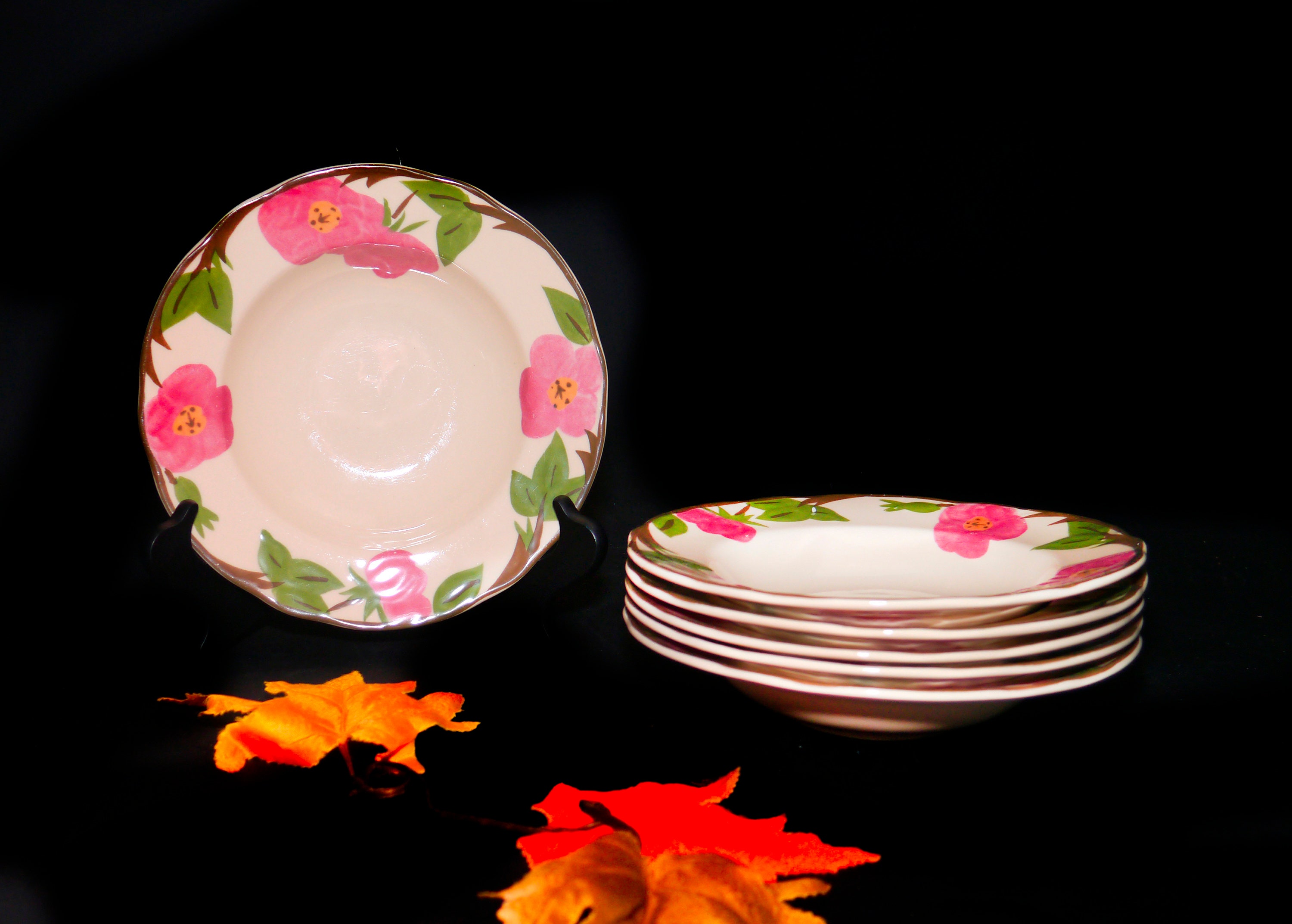 Pair of Franciscan Desert Rose rimmed stoneware soup bowls made in USA.