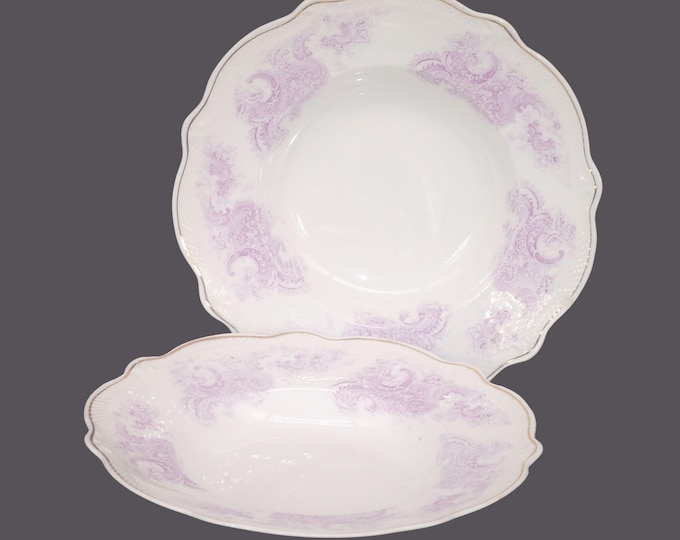 Antique late Victorian era Grindley Dorothy Pink rimmed soup bowls: England. 2 bowls. Flaw.