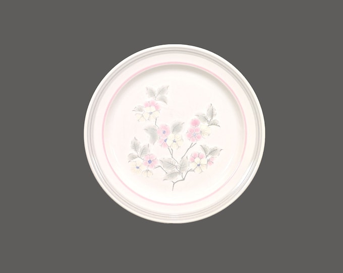 Japan Stoneware large dinner plate. Pink and grey bands, pink and cream flowers. Sold individually.