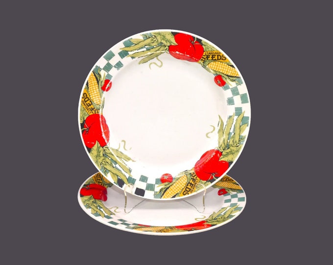 Pair of Tienshan Farmer's Market large stoneware dinner plates. Pattern wear (see below).