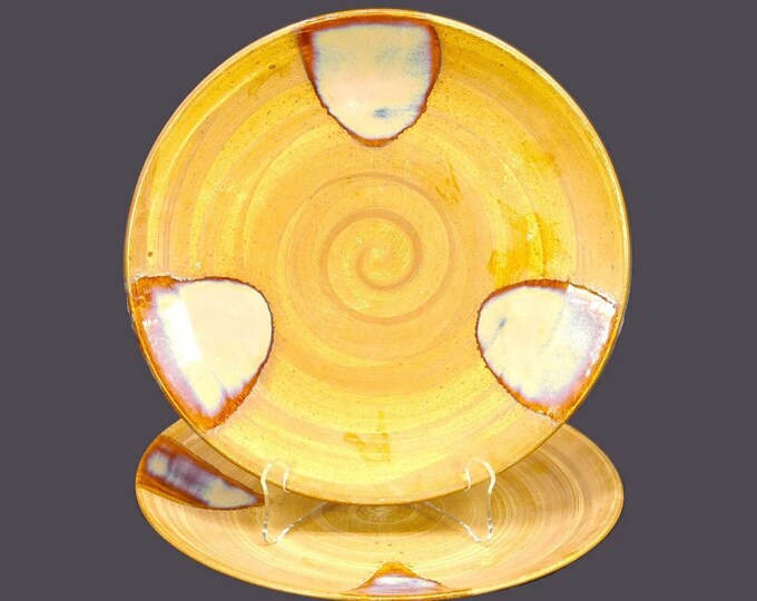 Pair of Sango Splash Brown 4951 drip-glaze large stoneware dinner plates. Flaws (see below).