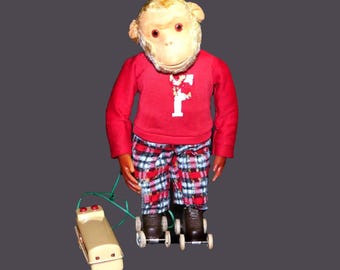 Mid-century Frankie the Roller-Skating Monkey. Remote-controlled tin toy made in Japan by Alps. Working.