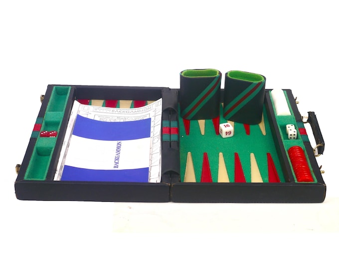 Briefcase backgammon set with Gucci colors. Complete with rule books. Small stones. Gift for him. Gift for dad.