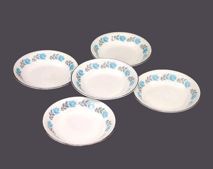 Five Barratts fruit nappies, dessert bowls made in England. Blue roses, gray leaves. Coordinates with BTT3.