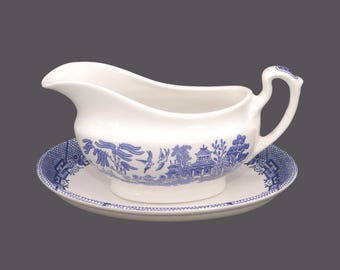 Vintage Churchill China Blue Willow gravy boat and underplate made in England.
