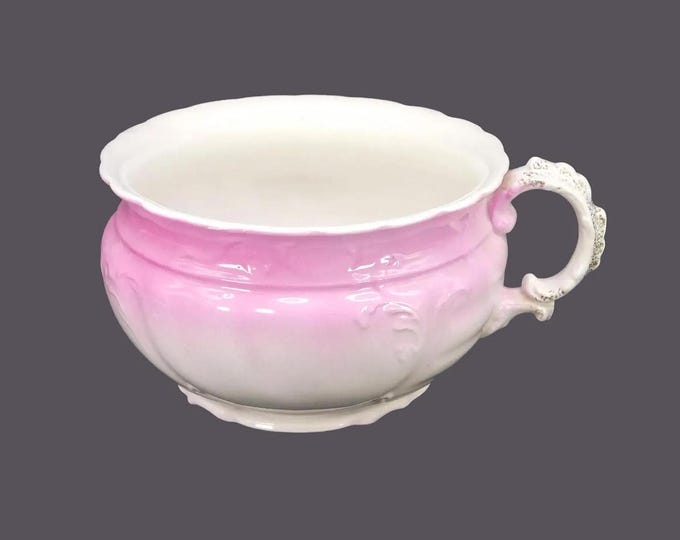 Antique Edwardian Age Johnson Brothers handled chamber pot | toilet bed | commode. Pink, embossed scrolls, gold accents. Made in England.