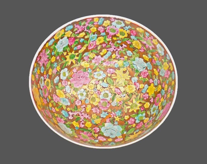 Large Cloisonne centerpiece bowl. Inlayed brass and florals. Pink, yellow, blue, green.