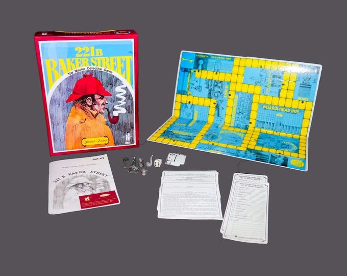 221B Baker Street Sherlock Holmes Master Detective board game. John Hansen 1977 publisher. Complete.