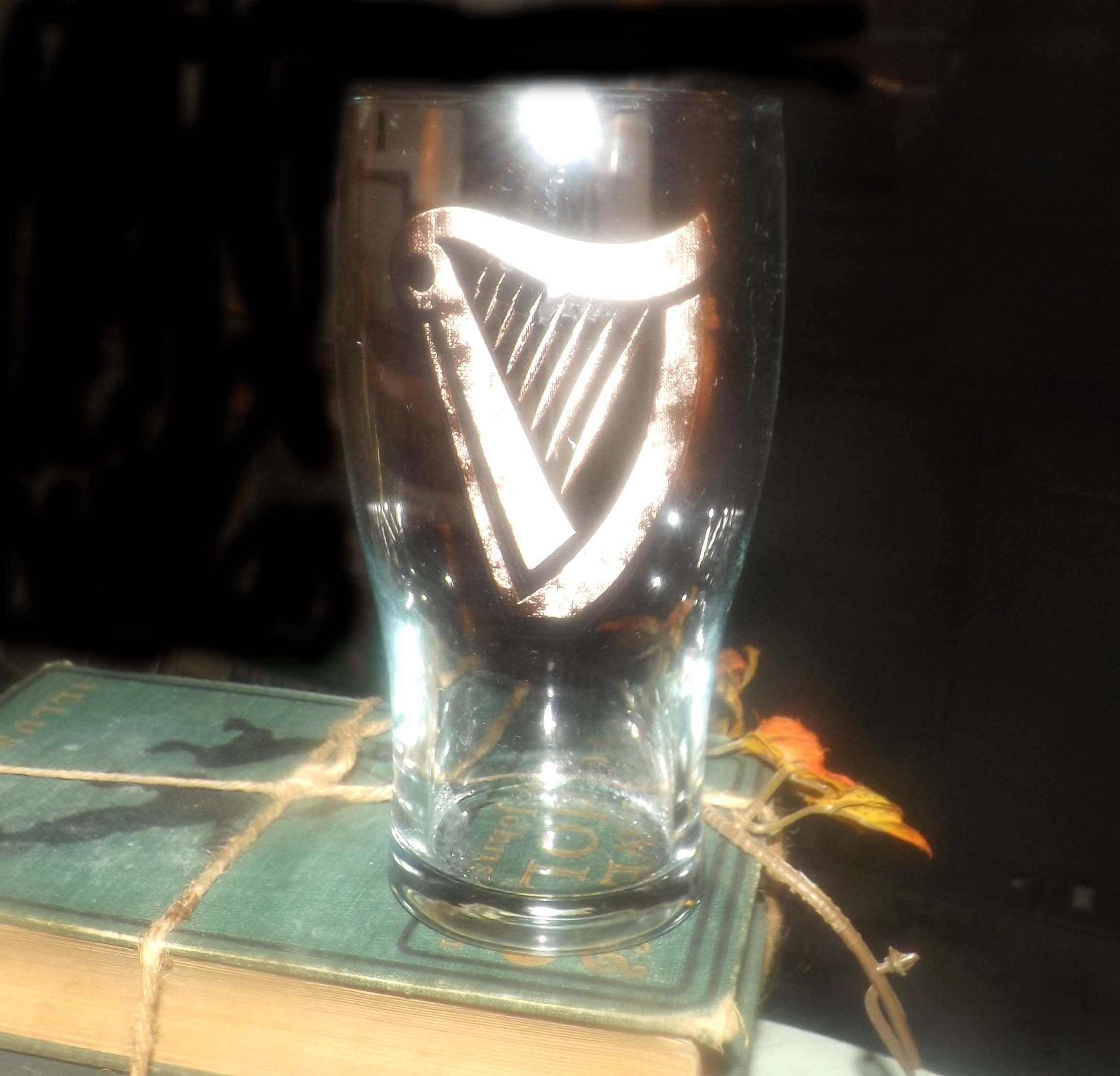 Vintage (1980s) Guinness Harp logo pint beer glass. Etchedglass harp logo.