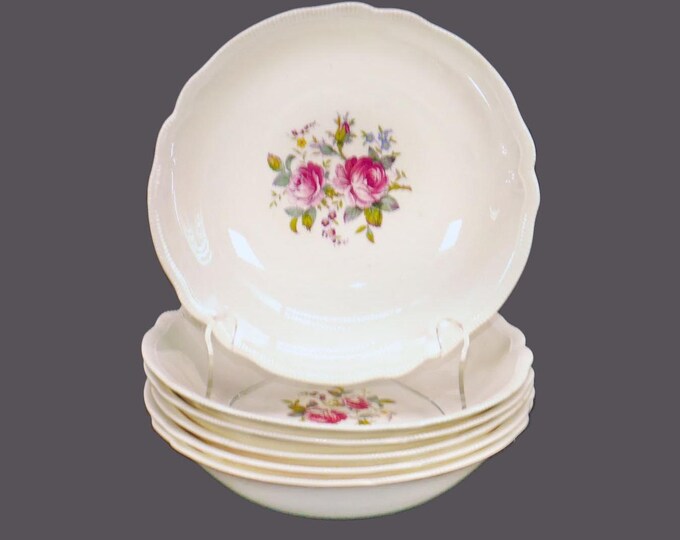 Six antique art-nouveau period Johnson Brothers JB339 coupe soup bowls made in England. Flaw (see below).