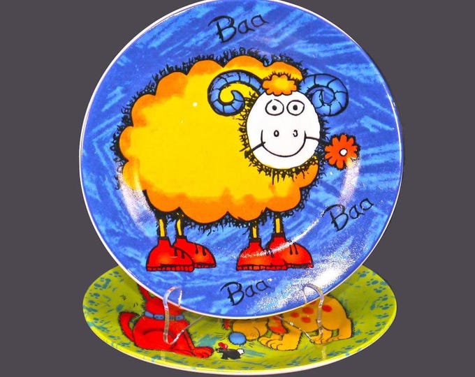 Pair of Gryphonware salad or snack plates. Sheep going Baa, two dogs with mouse, paw print border.