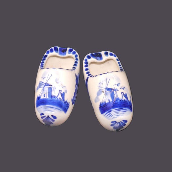 ヴィンテージ デルフト ブルー クロッグ 灰皿：手描きの風車の風景