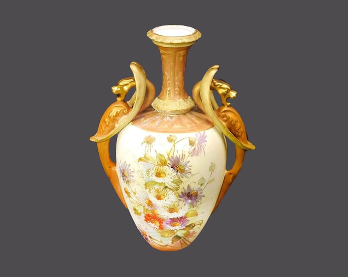 Antique Victorian era Depose Ernst Wahliss Turn Wien hand-painted vase | amphora. Majolica and gold accents made in Austria. Flaws.