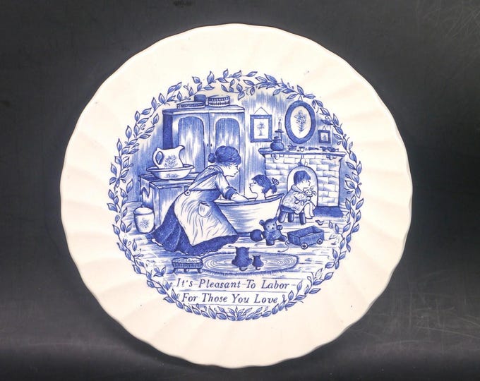 Myott Meakin blue-and-white decorative plate made in England. It's Pleasant to Labor for Those You Love.