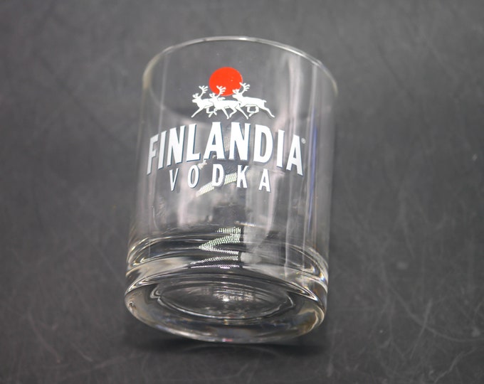 Finlandia Vodka lo-ball | whisky | on-the-rocks | old fashioned glass. Etched-glass logo, wording, weighted base. Commercial quality