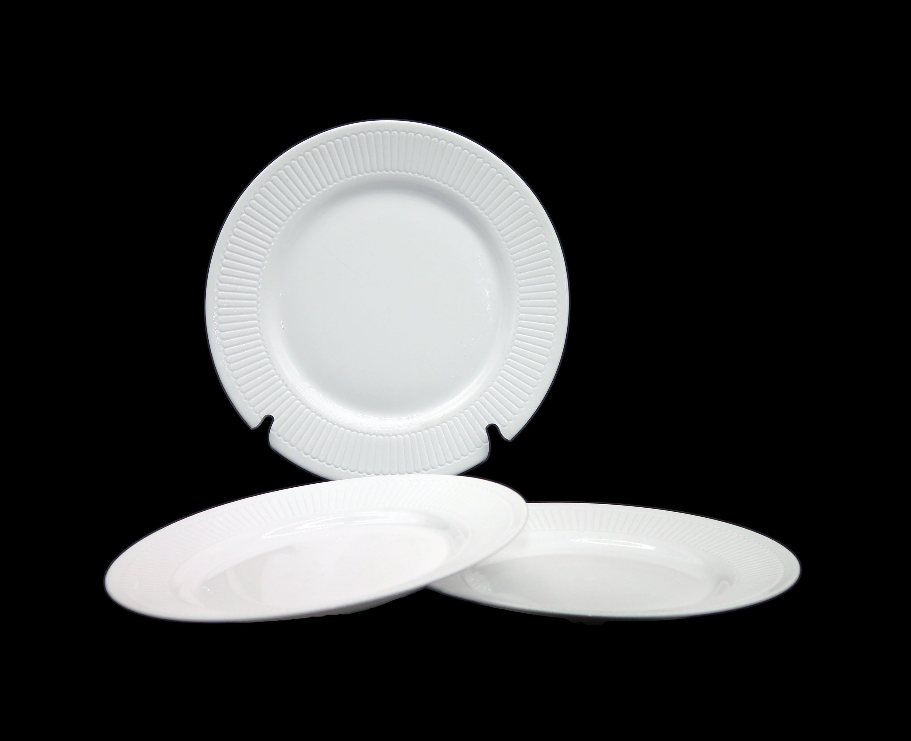 Three Martha Stewart Balustrade large glass dinner plates. Allwhite