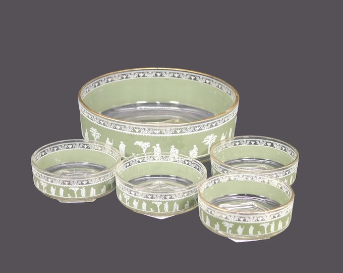 Jeannette Glass Hellenic Green Salad Set: Mid-Century Etched Glass Bowls