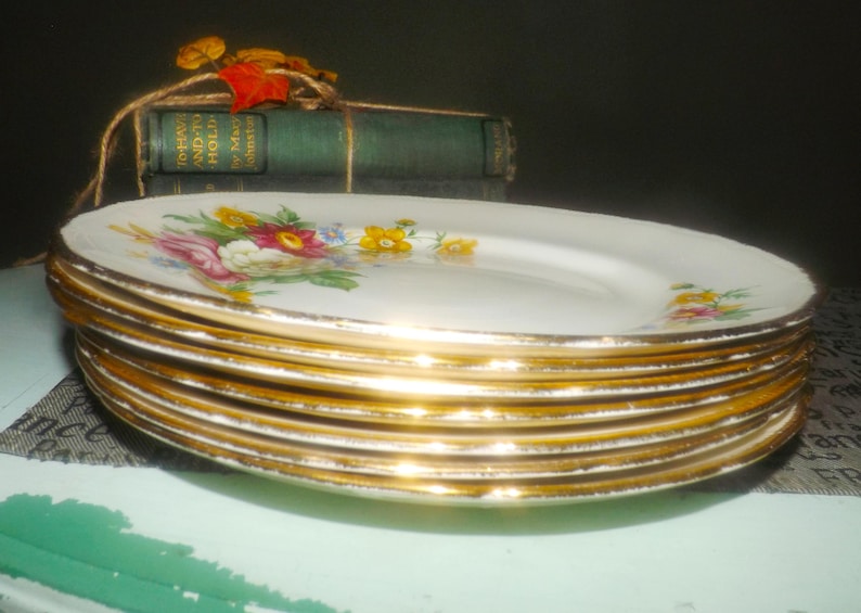 22K-gold edge Booths /& Colclough Riverdale dinner plate Embossed 1940s flowers. Early mid-century Royal Swan