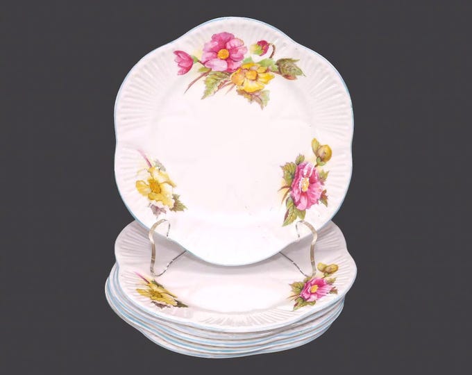 Six Shelley Begonia bone china bread, dessert plates in the dainty shape made in England.