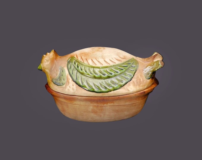 BC Ceramics hand-painted duck or goose covered clay baker | roasting dish | casserole | tureen. Flaws (see below).