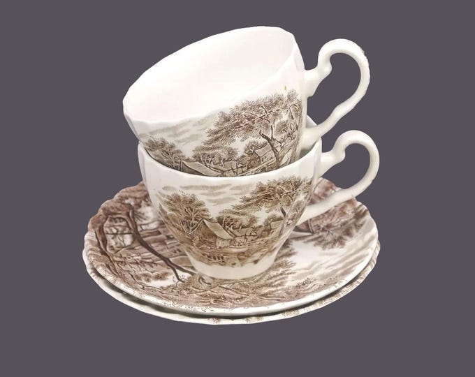 Pair of Johnson Brothers Watermill Brown transferware cup and saucer sets made in England.