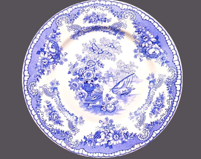 Vintage John Maddock Bombay Blue dinner plate. Blue-and-white tableware made in England.
