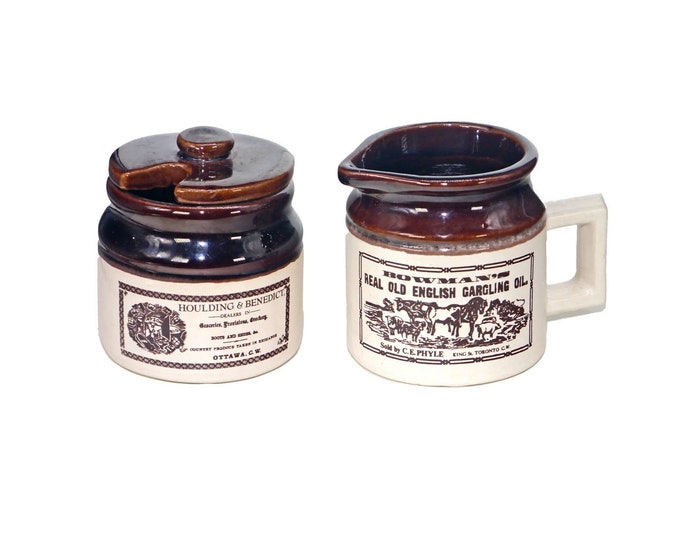 Abenakis Pottery | Beauceware Quebec Ye Old Canadian Crock Prints creamer and covered sugar bowl made in Canada.