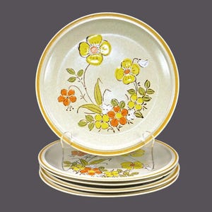 Five Hearthside Sunshine Flowers large stoneware dinner plates made in Japan. Flaw (see below).