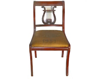 MCM solid wood Lyre Back, Harp Back, Duncan Phyfe Dining Chair attributed Bissman. Authentic French grain sack seating. Sold individually.