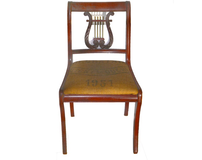 MCM solid wood Lyre Back, Harp Back, Duncan Phyfe Dining Chair attributed Bissman. Authentic French grain sack seating. Sold individually.