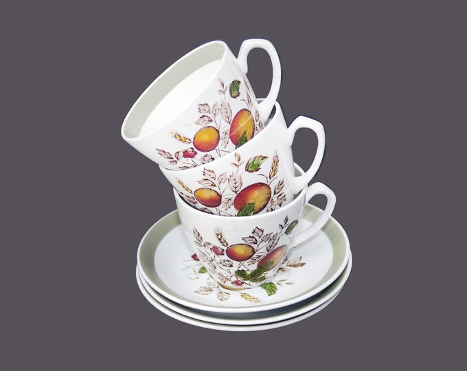 Three Alfred Meakin Hereford cup and saucer sets made in England. Flaw (see below).