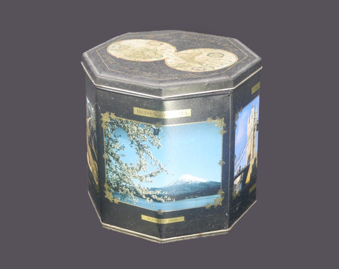 Large Boston Tea Co. Boston's Teas of the World tea tin | tea caddy. Features landscape images from around the world.