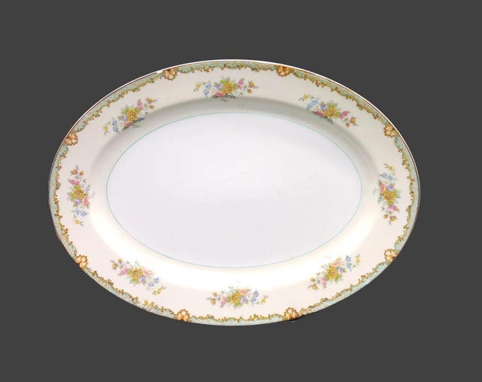 Noritake hand-painted Nippon Lanare large oval meat or turkey platter made in Japan. Green verge. Flaws (see below).