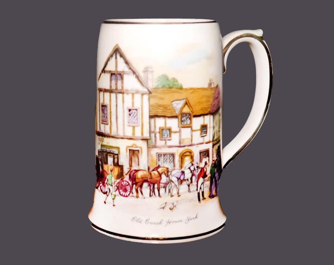 Sadler Old Coach House York beer tankard | stein. Tudor-era coach house and carriage scene. Made in England.