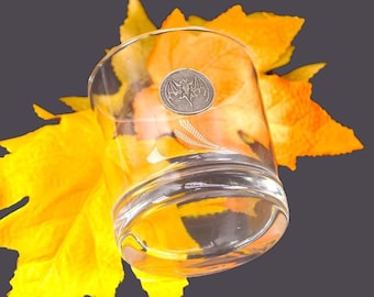 Bacardi Bat lo-ball, whisky, on-the-rocks, old fashioned glass. Pewter Bacardi Bat logo applique.