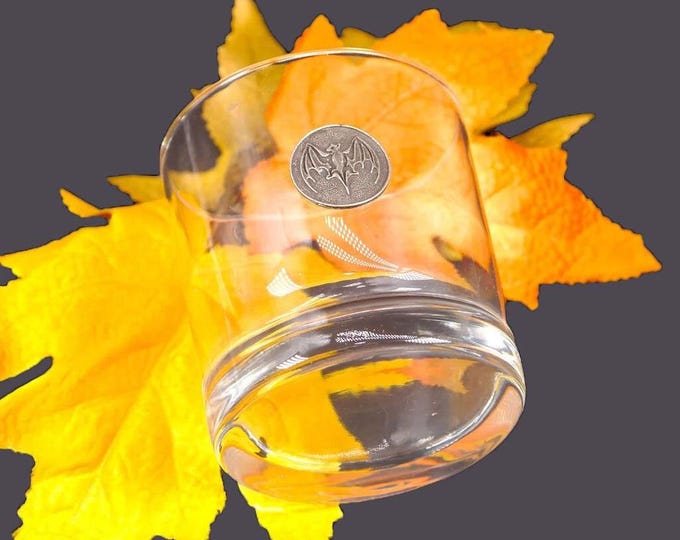 Bacardi Bat lo-ball, whisky, on-the-rocks, old fashioned glass. Pewter Bacardi Bat logo applique.