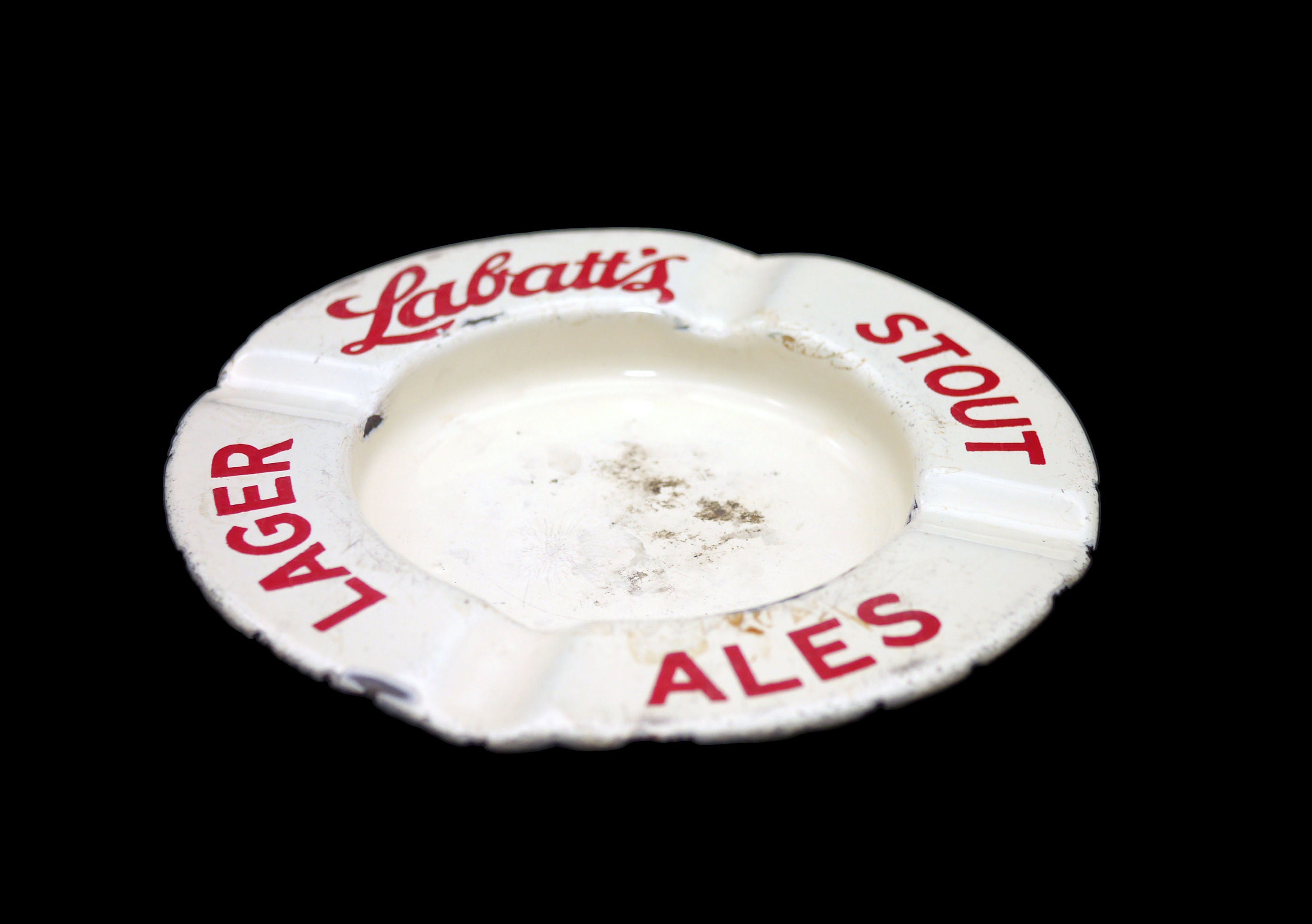 Antique Labatts Stout Lager ale tin litho ashtray. Red Labatt's cursive ...