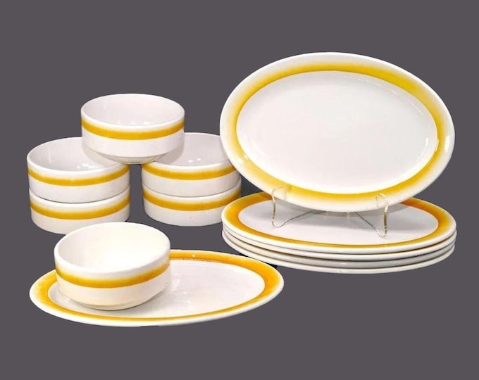 Six soup and sandwich | chili and toast sets. Grindley Duraline Hotelware made in England. Yellow band.