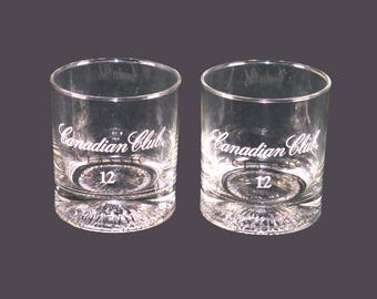 Pair of Canadian Club Classic etched-glass lo-ball, whisky, old-fashioned glasses. Commercial-quality glassware.