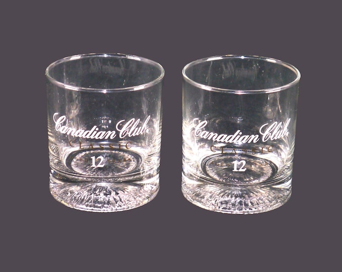 Pair of Canadian Club Classic etched-glass lo-ball, whisky, old-fashioned glasses. Commercial-quality glassware.