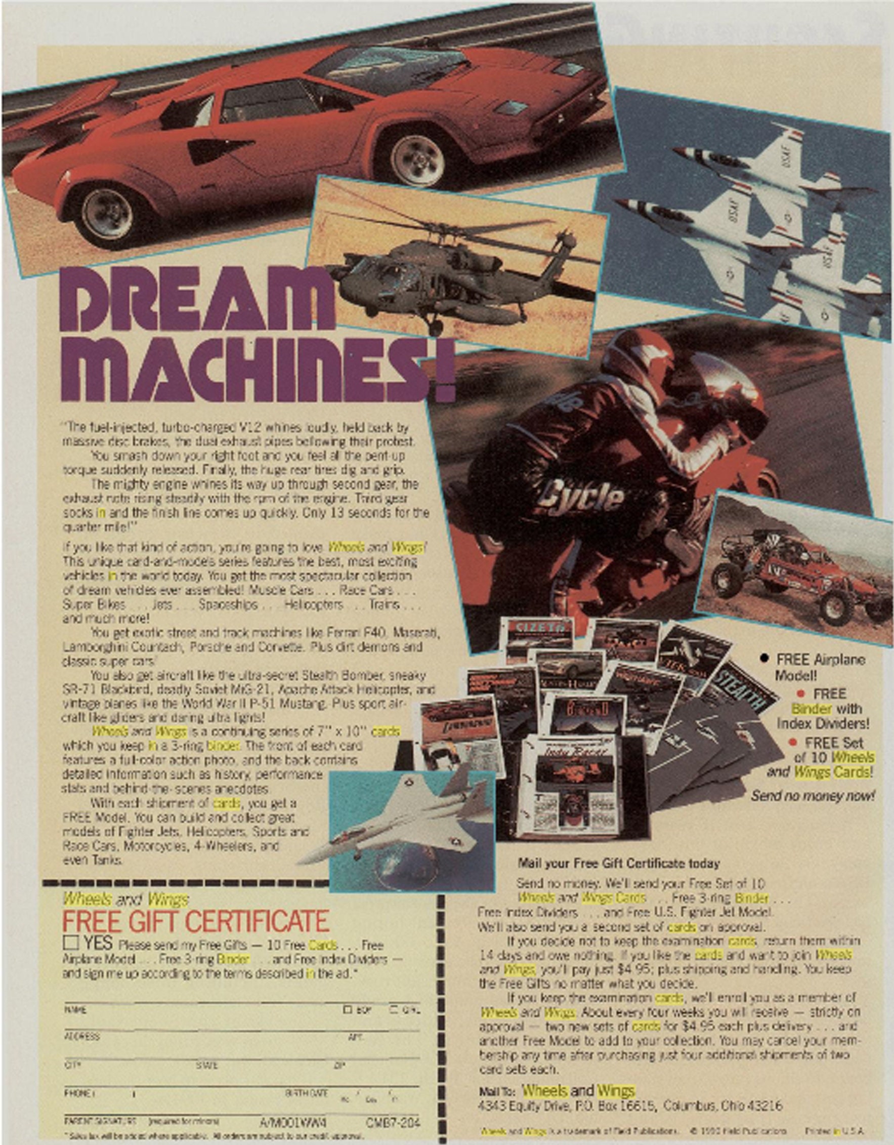 Vintage (1988) Wheels & Wings 7x10 data and photo cards in 3ring