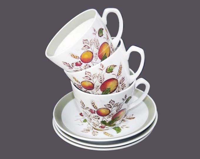Three Alfred Meakin Hereford cup and saucer sets made in England. Flaw (see below).
